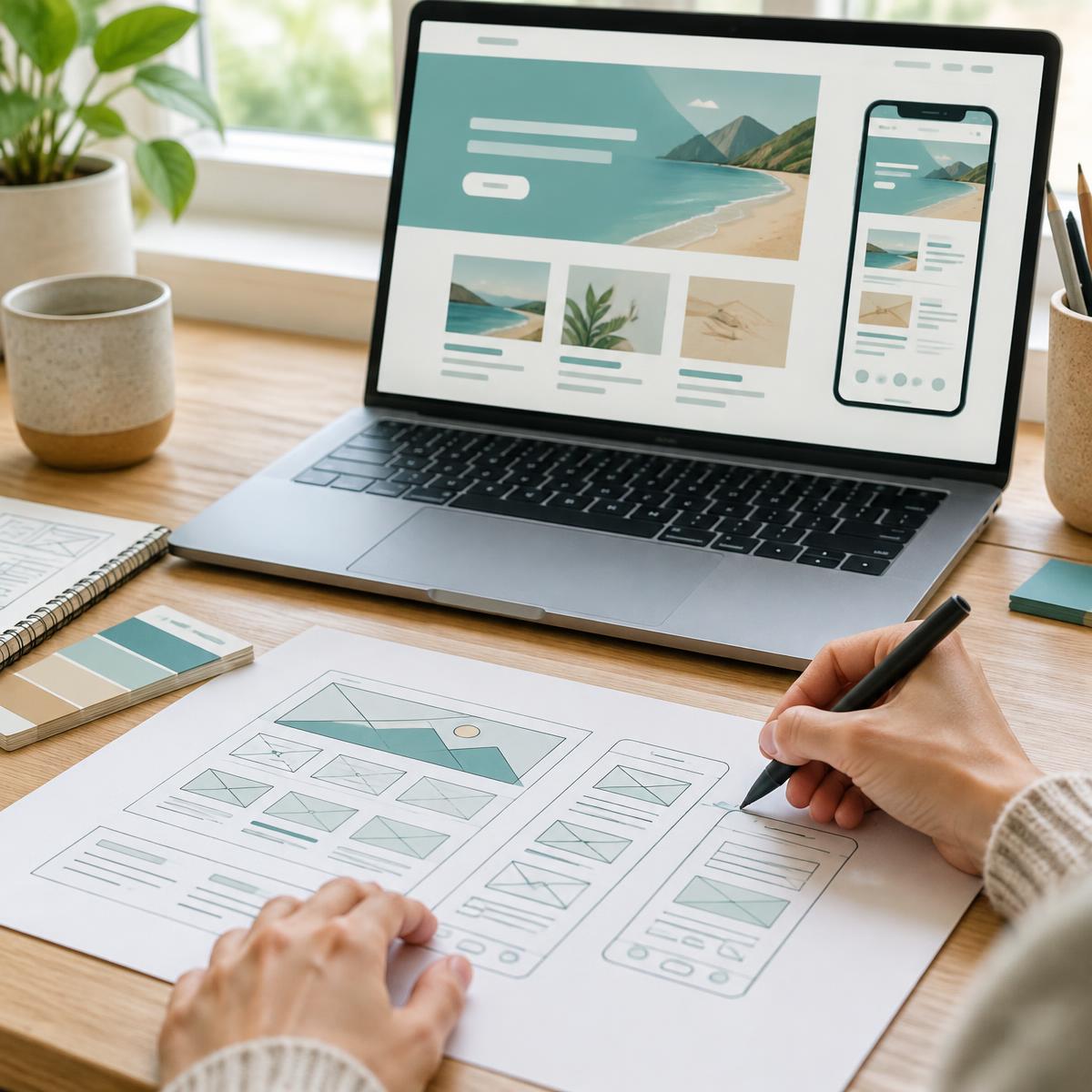Designer sketching website wireframes beside a responsive website design