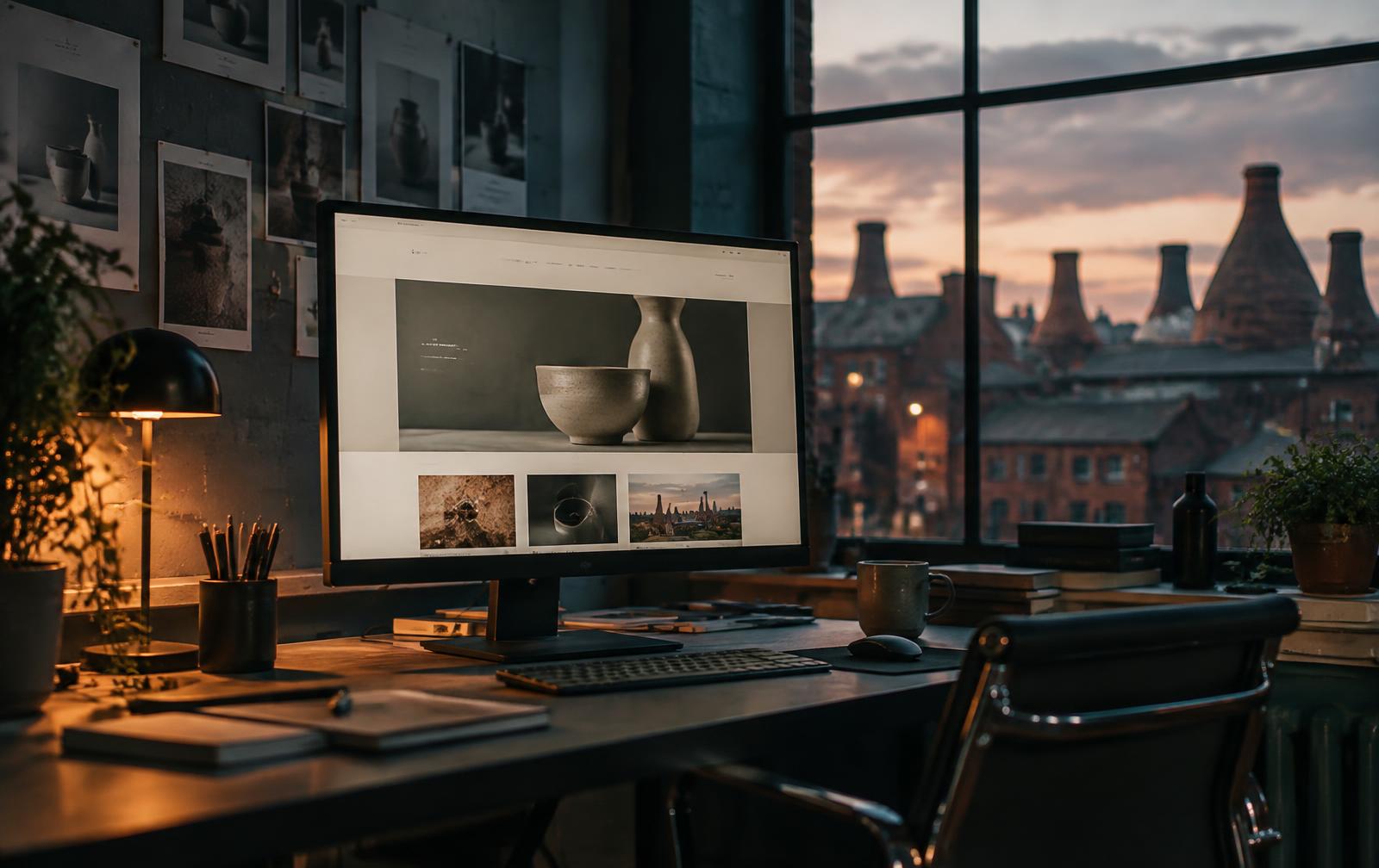 Web design studio in Stoke-on-Trent overlooking the bottle kilns at dusk